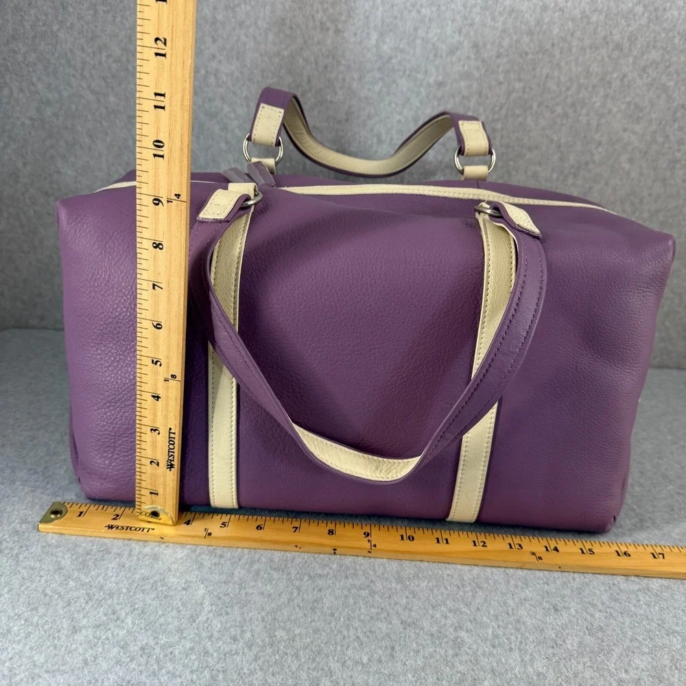 Levenger Leather Duffel Travel Weekend Touring Bag Grape Purple Cream Strap NEW